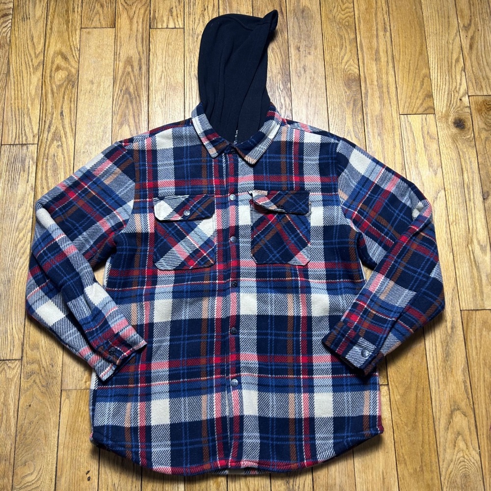 Matix Mens Hooded‎ Flannel Shirt Jacket Sherpa Lined Plaid Navy Blue Red Large